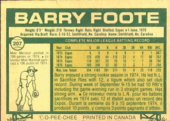1977 O-Pee-Chee #207 Barry Foote Back