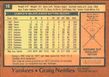 1978 O-Pee-Chee #10 Graig Nettles Back