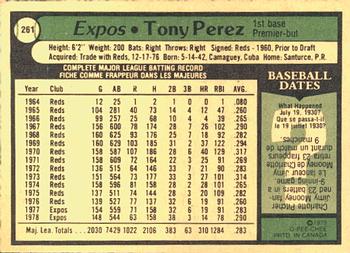 1979 O-Pee-Chee #261 Tony Perez Back