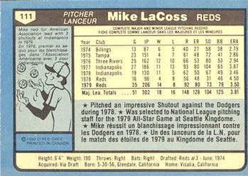 1980 O-Pee-Chee #111 Mike LaCoss Back