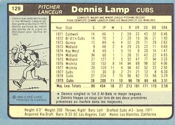 1980 O-Pee-Chee #129 Dennis Lamp Back