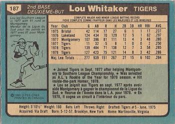 1980 O-Pee-Chee #187 Lou Whitaker Back