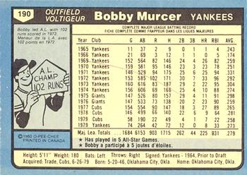 1980 O-Pee-Chee #190 Bobby Murcer Back