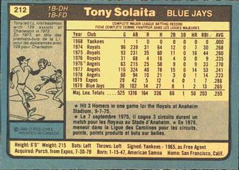 1980 O-Pee-Chee #212 Tony Solaita Back