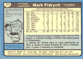 1980 O-Pee-Chee #231 Mark Fidrych Back