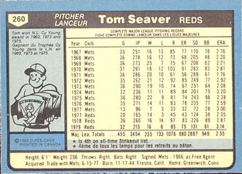 1980 O-Pee-Chee #260 Tom Seaver Back