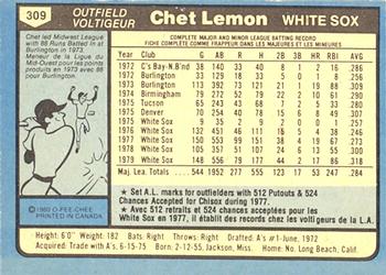 1980 O-Pee-Chee #309 Chet Lemon Back