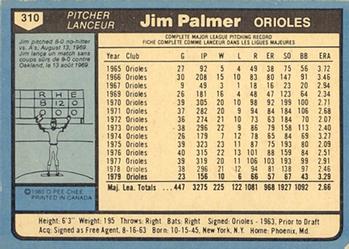 1980 O-Pee-Chee #310 Jim Palmer Back