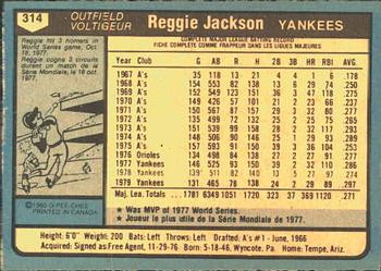 1980 O-Pee-Chee #314 Reggie Jackson Back