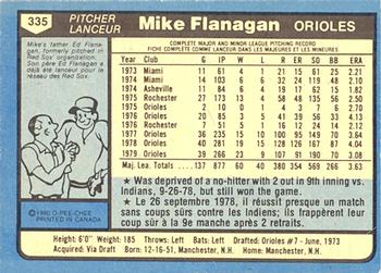 1980 O-Pee-Chee #335 Mike Flanagan Back