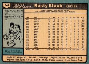 1980 O-Pee-Chee #347 Rusty Staub Back