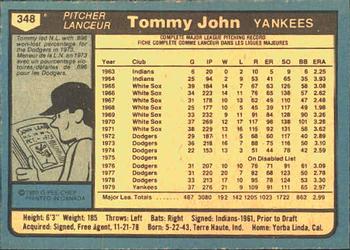 1980 O-Pee-Chee #348 Tommy John Back