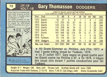 1980 O-Pee-Chee #70 Gary Thomasson Back