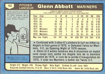 1980 O-Pee-Chee #92 Glenn Abbott Back