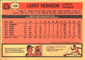 1981 O-Pee-Chee #108 Larry Herndon Back