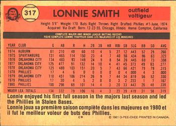 1981 O-Pee-Chee #317 Lonnie Smith Back