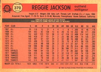 1981 O-Pee-Chee #370 Reggie Jackson Back