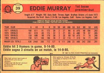 1981 O-Pee-Chee #39 Eddie Murray Back