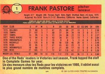 1981 O-Pee-Chee #1 Frank Pastore Back