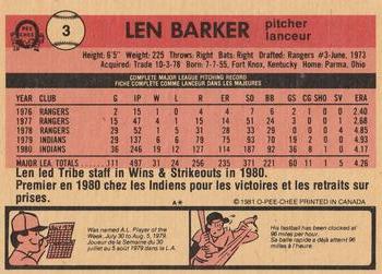 1981 O-Pee-Chee #3 Len Barker Back