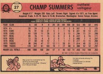 1981 O-Pee-Chee #27 Champ Summers Back
