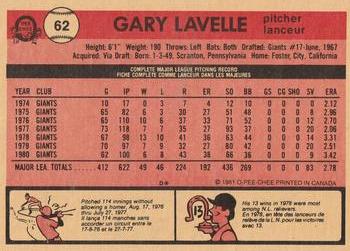 1981 O-Pee-Chee #62 Gary Lavelle Back