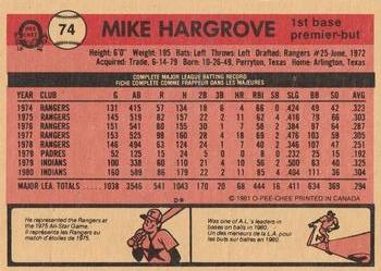 1981 O-Pee-Chee #74 Mike Hargrove Back