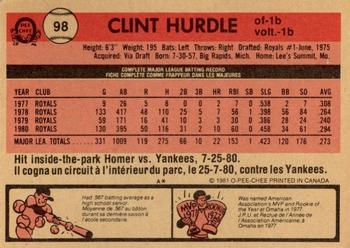 1981 O-Pee-Chee #98 Clint Hurdle Back
