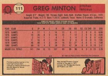 1981 O-Pee-Chee #111 Greg Minton Back