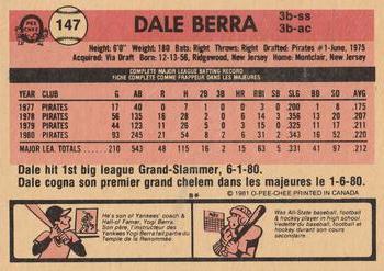 1981 O-Pee-Chee #147 Dale Berra Back