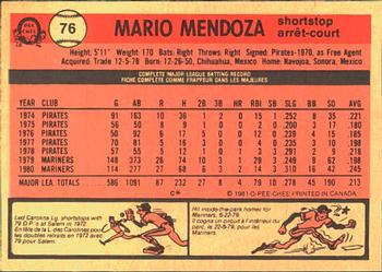 1981 O-Pee-Chee #76 Mario Mendoza Back
