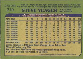 1982 O-Pee-Chee #219 Steve Yeager Back