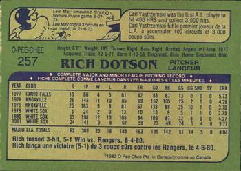 1982 O-Pee-Chee #257 Richard Dotson Back
