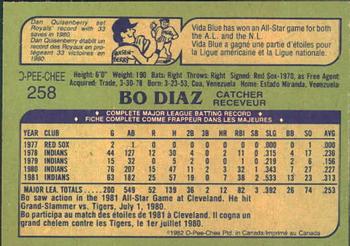 1982 O-Pee-Chee #258 Bo Diaz Back