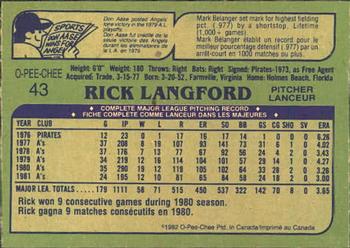 1982 O-Pee-Chee #43 Rick Langford Back