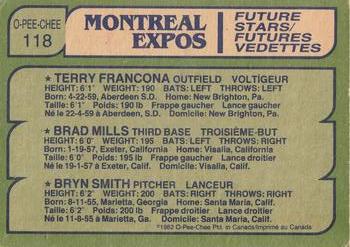 1982 O-Pee-Chee #118 Expos Future Stars (Terry Francona / Brad Mills / Bryn Smith) Back