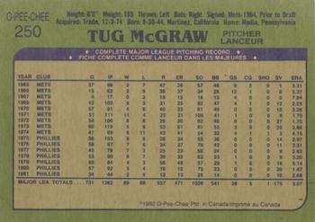 1982 O-Pee-Chee #250 Tug McGraw Back