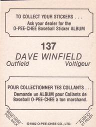 1982 O-Pee-Chee Stickers #137 Dave Winfield Back