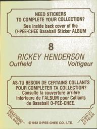 1982 O-Pee-Chee Stickers #8 Rickey Henderson Back