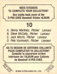 1982 O-Pee-Chee Stickers #10 Denny Martinez / Steve McCatty / Jack Morris / Pete Vuckovich Back