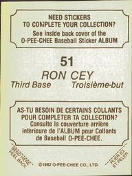 1982 O-Pee-Chee Stickers #51 Ron Cey Back