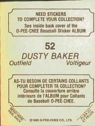 1982 O-Pee-Chee Stickers #52 Dusty Baker Back