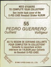1982 O-Pee-Chee Stickers #55 Pedro Guerrero Back