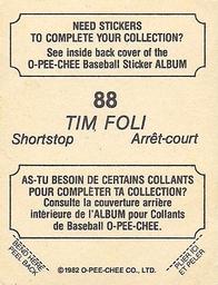 1982 O-Pee-Chee Stickers #88 Tim Foli Back