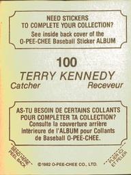 1982 O-Pee-Chee Stickers #100 Terry Kennedy Back