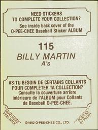 1982 O-Pee-Chee Stickers #115 Billy Martin Back