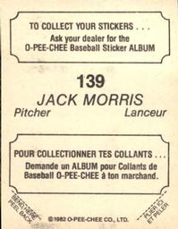 1982 O-Pee-Chee Stickers #139 Jack Morris Back