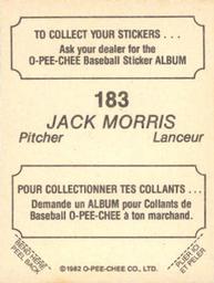 1982 O-Pee-Chee Stickers #183 Jack Morris Back