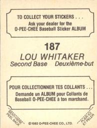 1982 O-Pee-Chee Stickers #187 Lou Whitaker Back