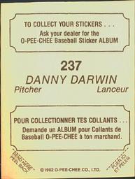 1982 O-Pee-Chee Stickers #237 Danny Darwin Back